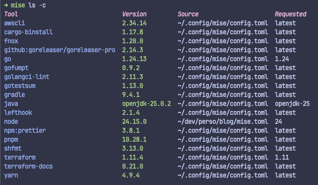 Sortie de mise ls montrant les outils actifs, leur version et leur source (global ou projet)